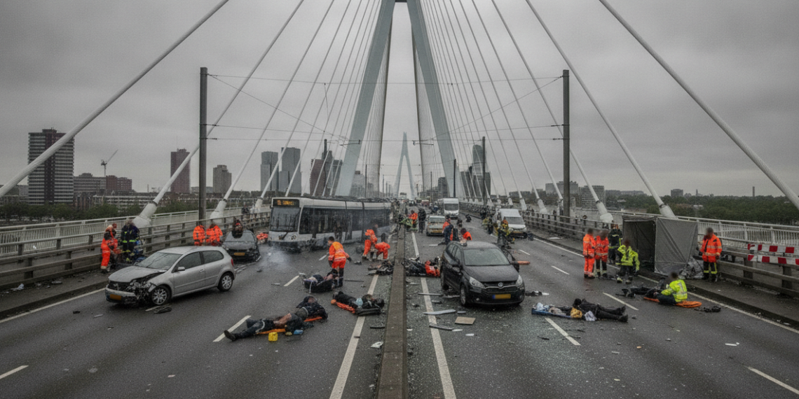 Botsing op Erasmusbrug in Rotterdam laat vijftien gewonden achter